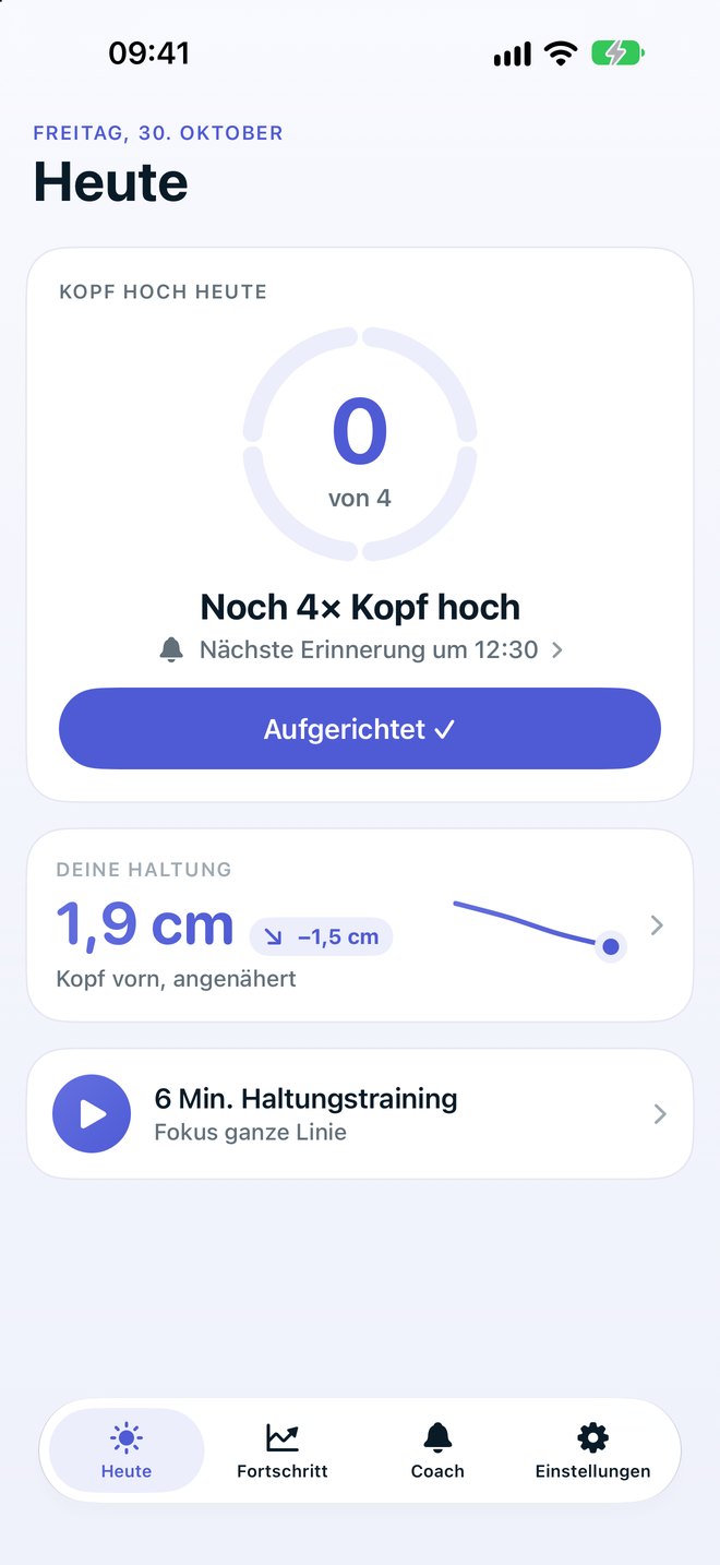 Kopfhoch-Startseite „Heute“: Ring mit 0 von 4× Kopf hoch und Knopf „Aufgerichtet“